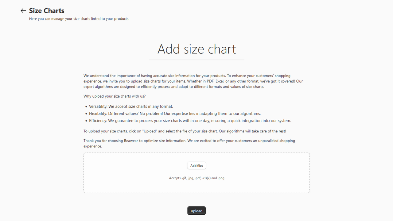 app user interface add size chart