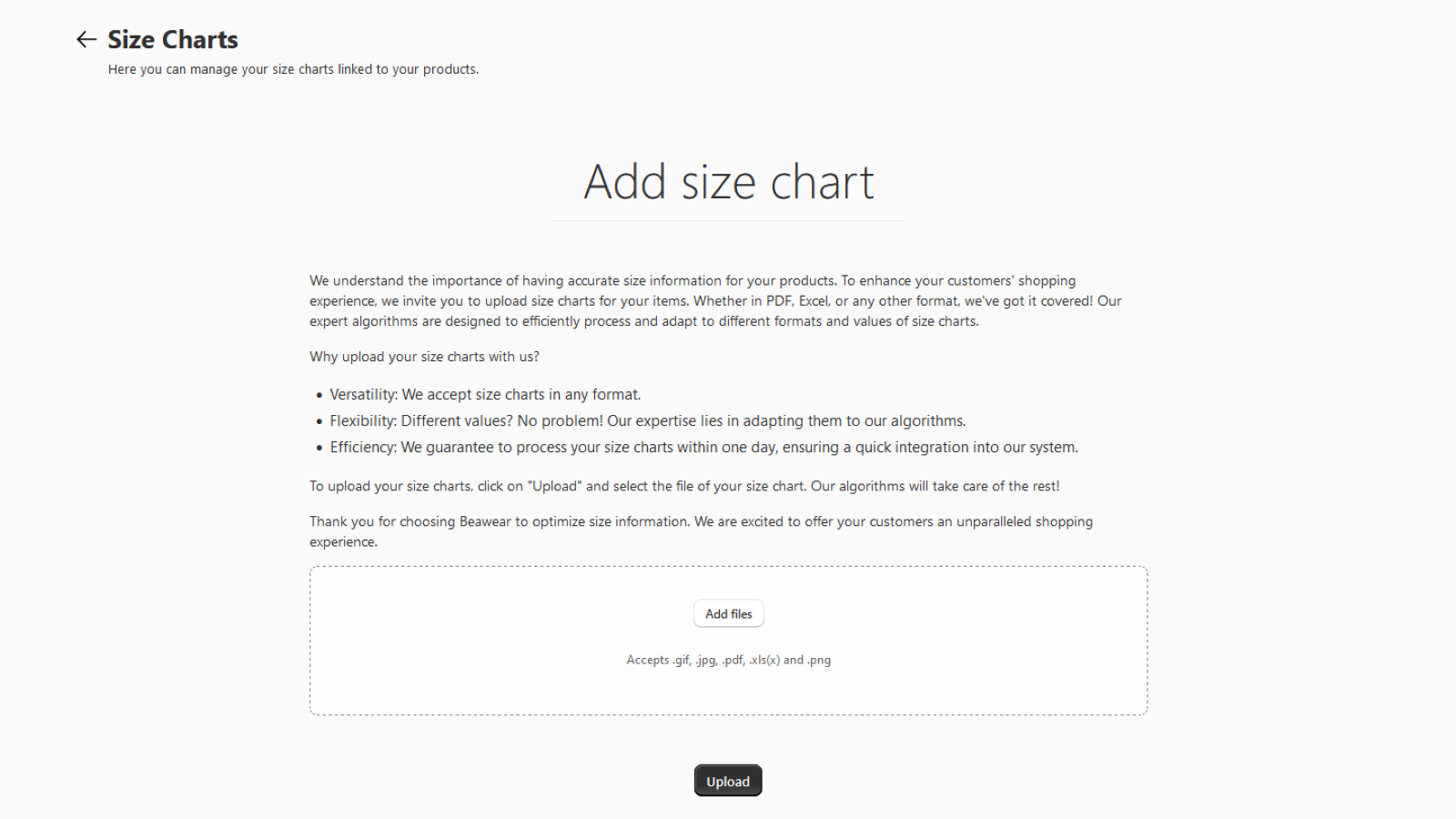 app user interface add size chart