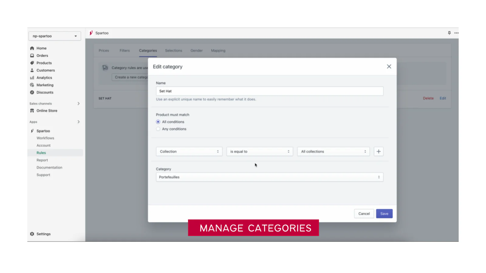 Manage Categories - Spartoo Fashion Marketplace