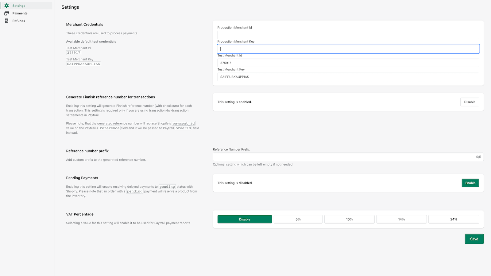 Settings page