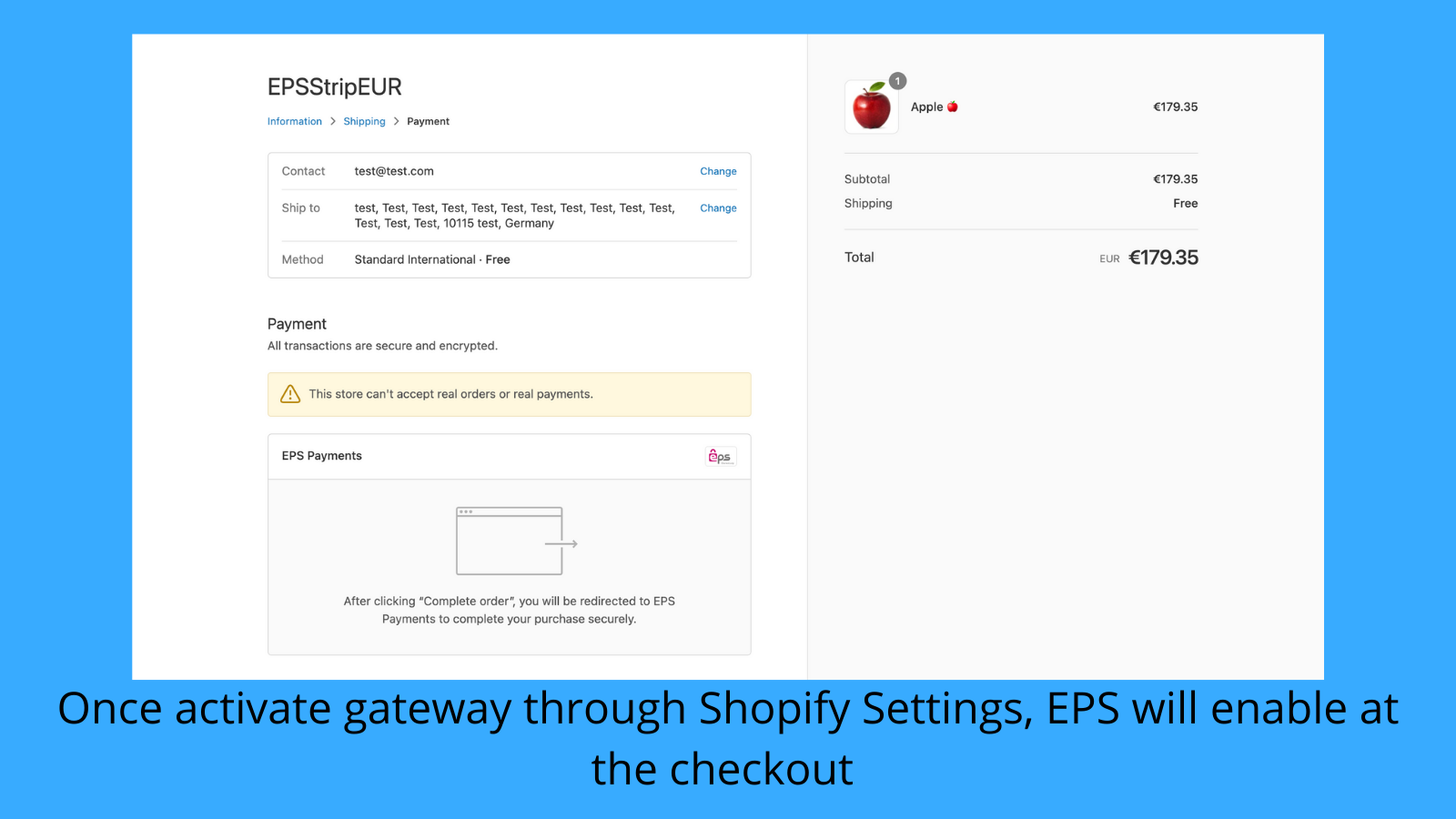 Habilite los pagos EPS a través de la configuración de pago de Shopify.