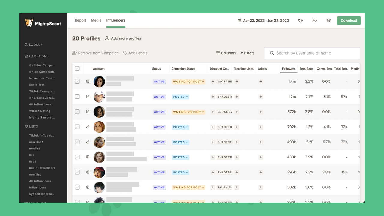 Gerenciamento de influenciadores com status, códigos de desconto e métricas