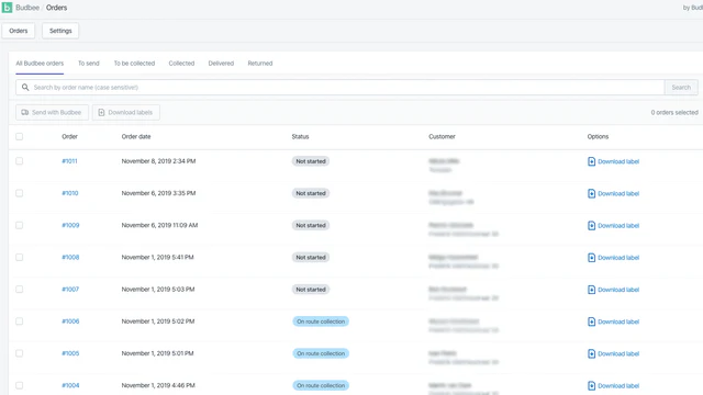 Overview of Budbee orders and their parcel statusses