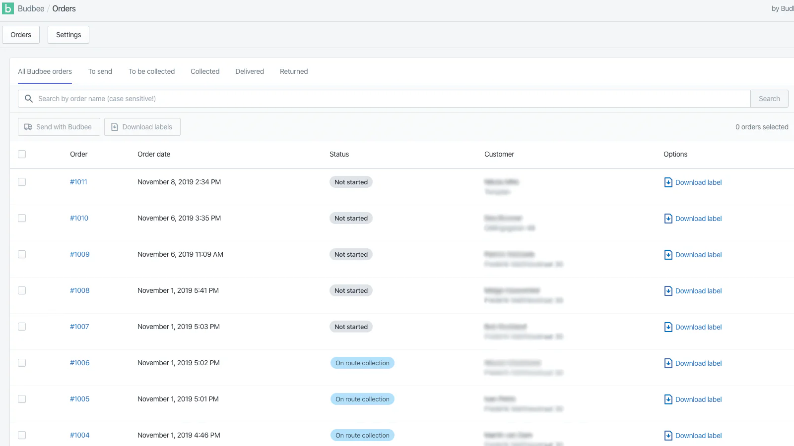 Overview of Budbee orders and their parcel statusses