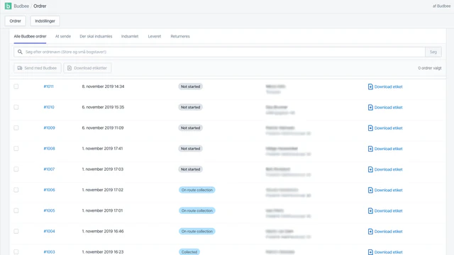 Oversigt over Budbee-ordrer og deres pakkestatusser