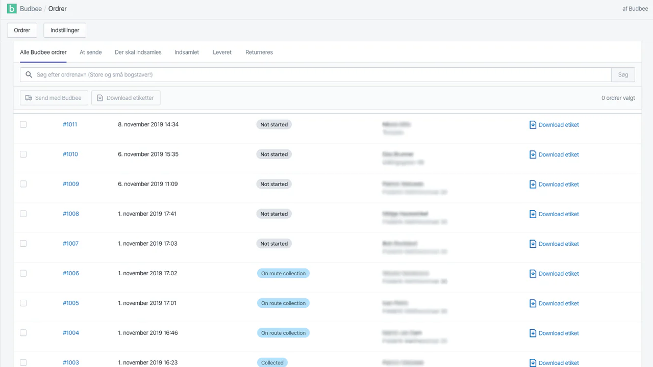 Oversigt over Budbee-ordrer og deres pakkestatusser