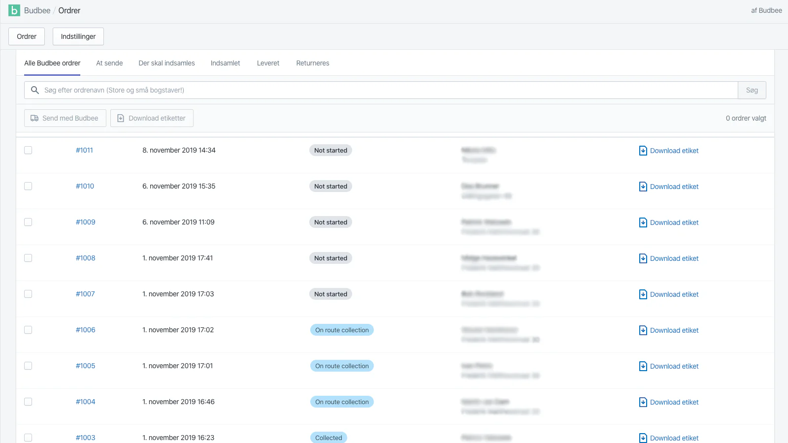 Oversigt over Budbee-ordrer og deres pakkestatusser
