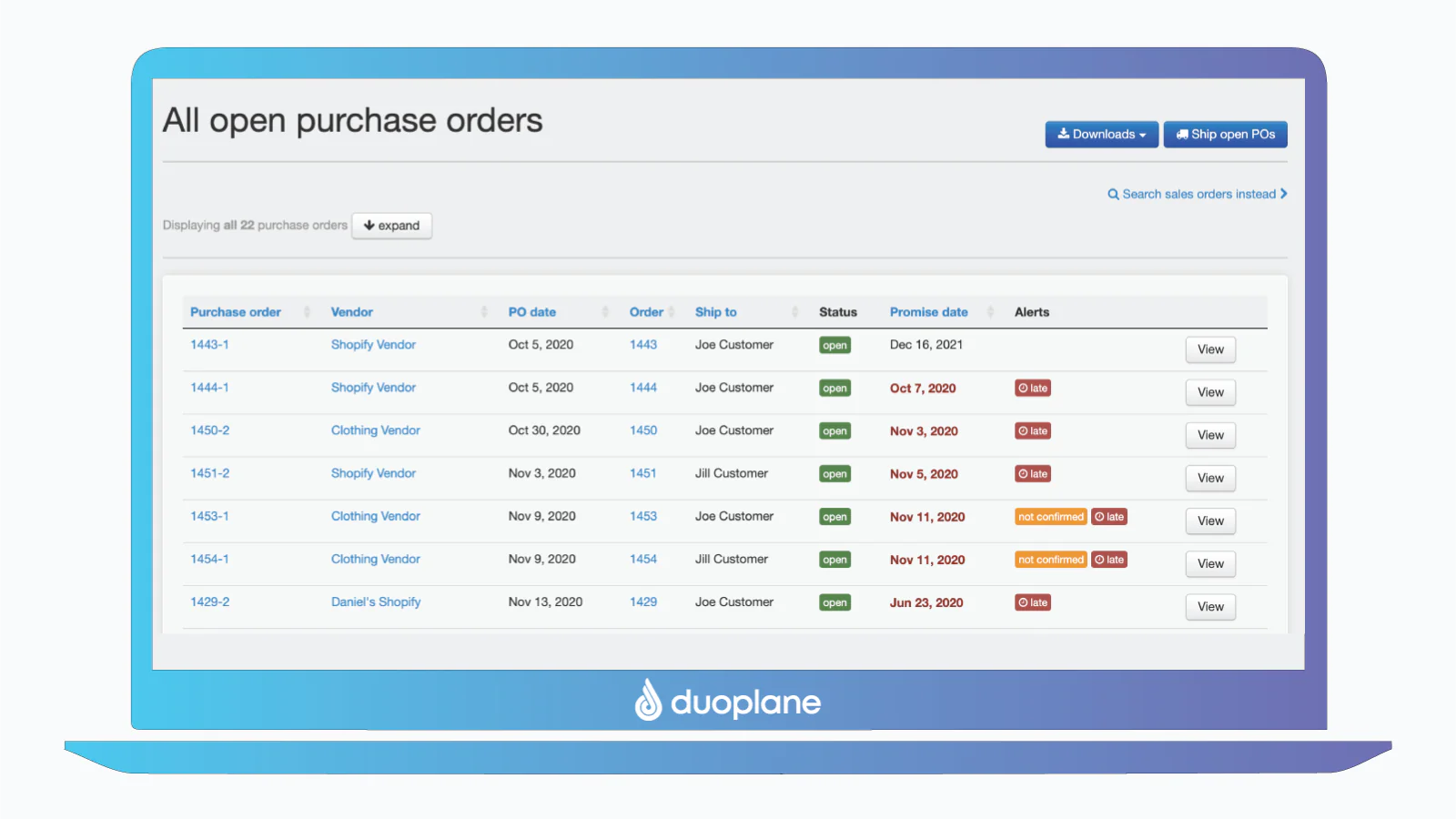 Duoplane purchase orders