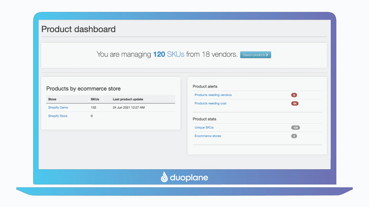 Tableau de bord produit Duoplane