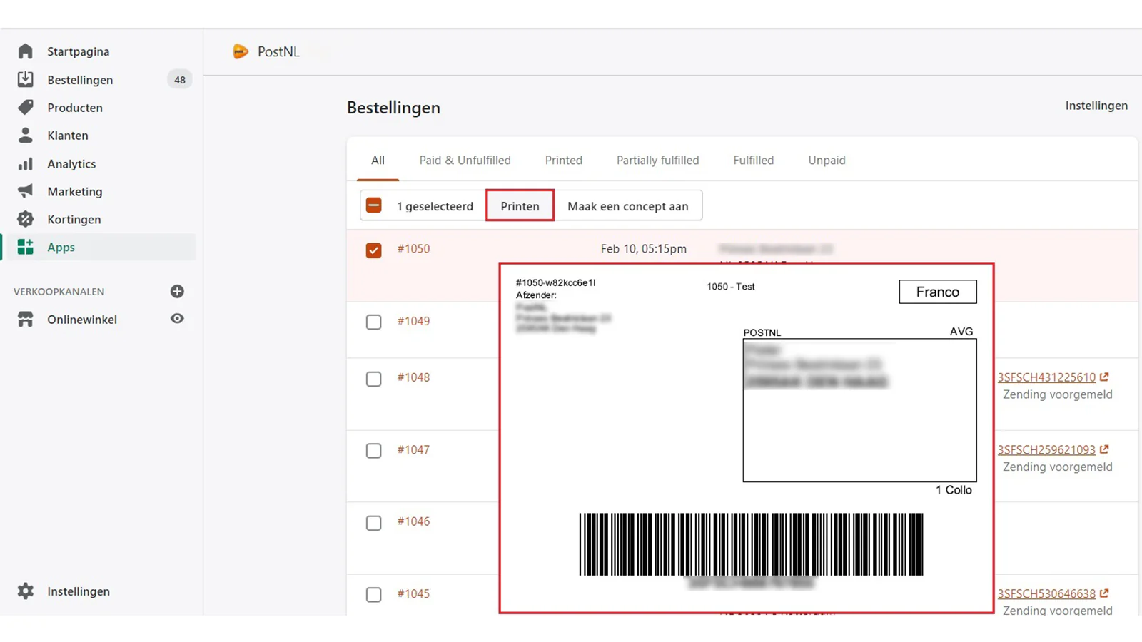 Create shipments with PostNL from Shopify.