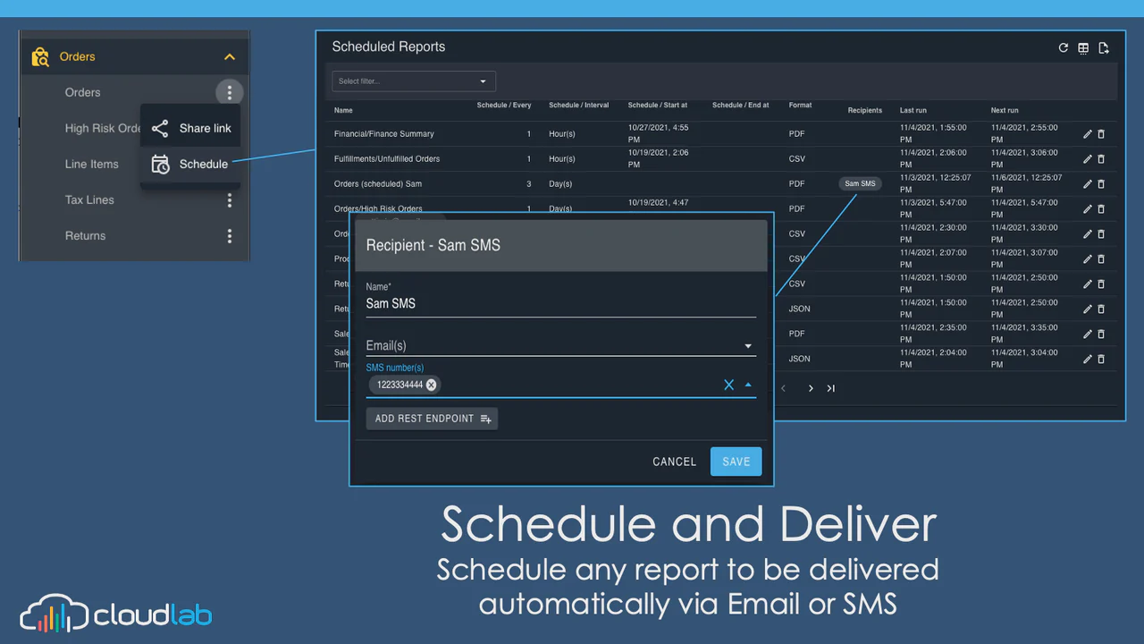 Scheduled Reporting to automatically deliver via Email and SMS