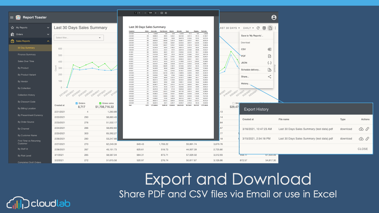 Exportez et téléchargez pour partager des fichiers PDF ou CSV par e-mail ou Excel