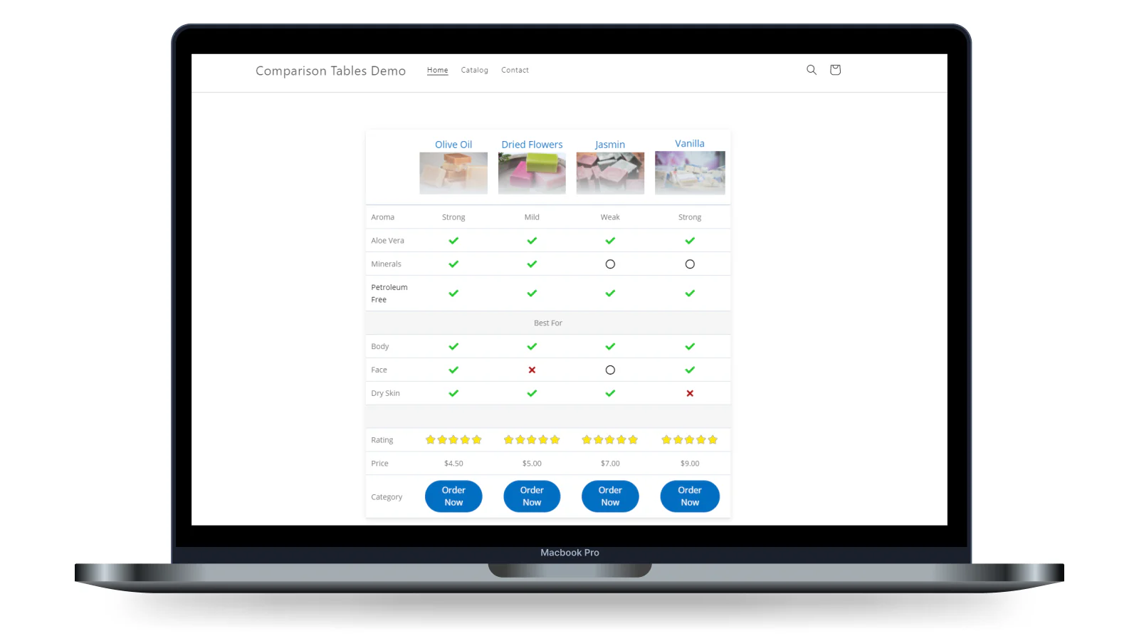 Comparison Table display on desktop