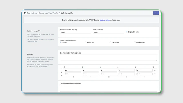 Fully customizable size charts. Attach charts to your products u