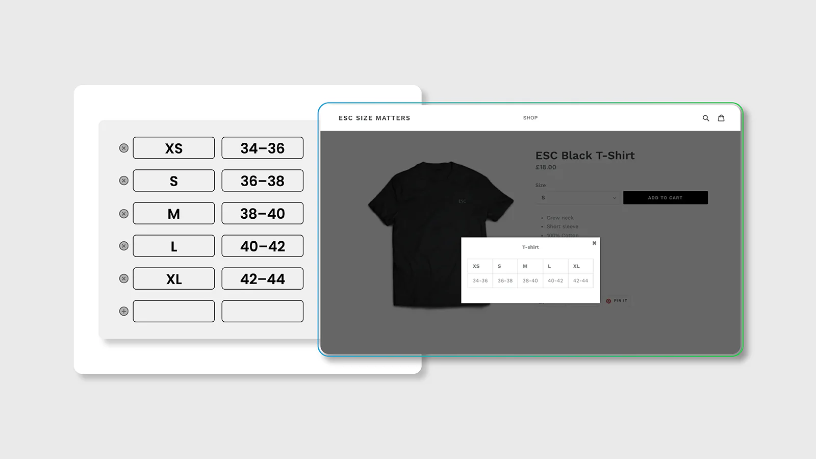 créateur et éditeur de guide de taille / tableau de taille dans l'application