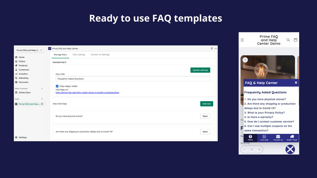 Prime FAQ Helpcenter Whatsapp Chat para Shopify