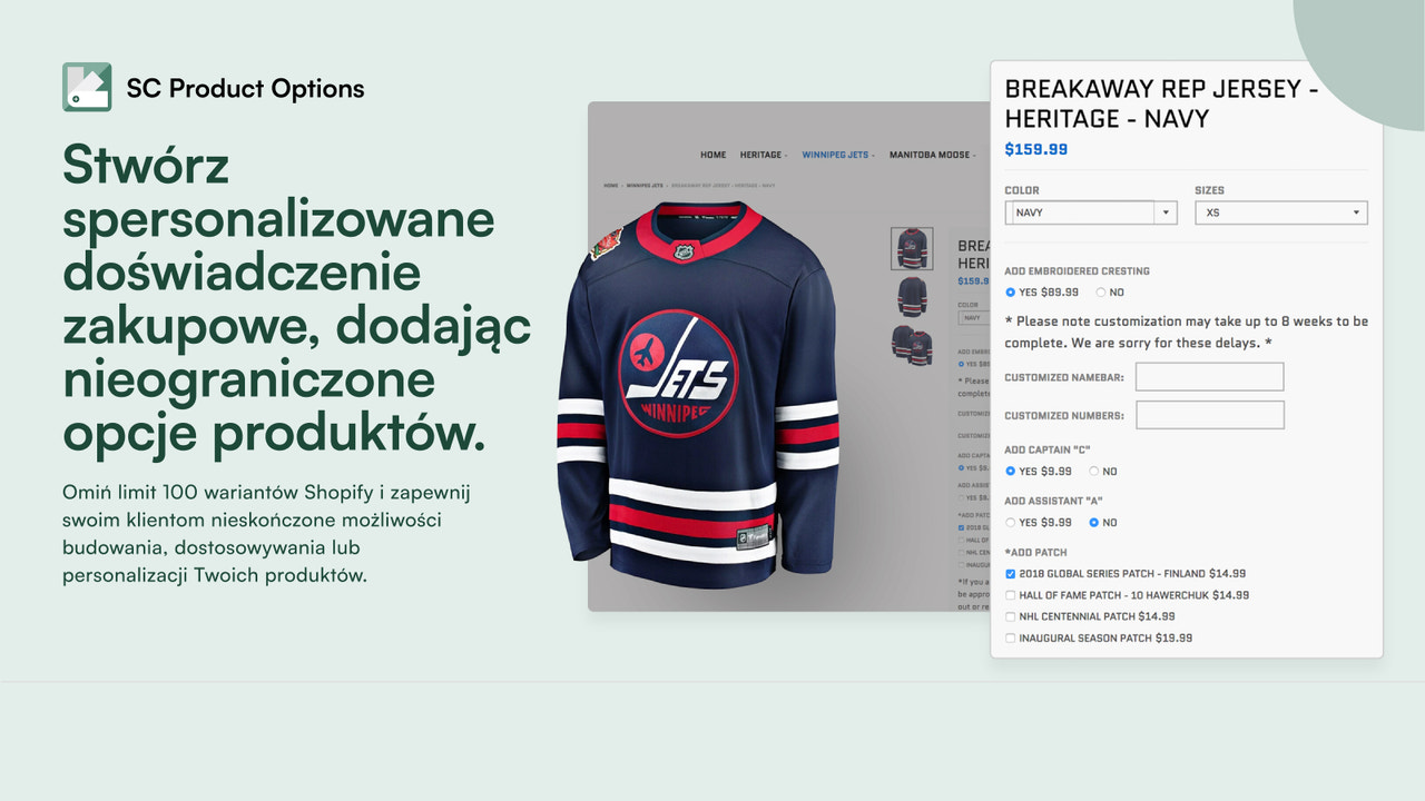 Selektor opcji produktów w sklepie True North Store