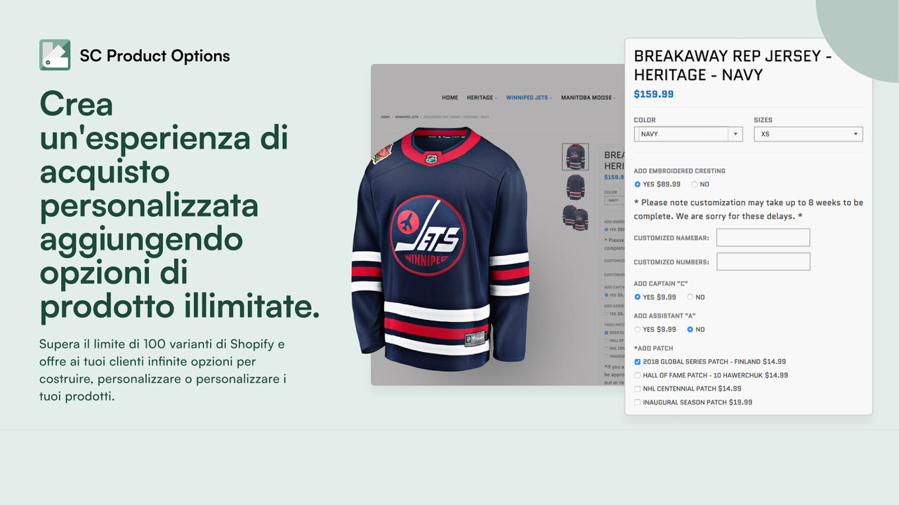 Selettore di opzioni prodotto di True North Store