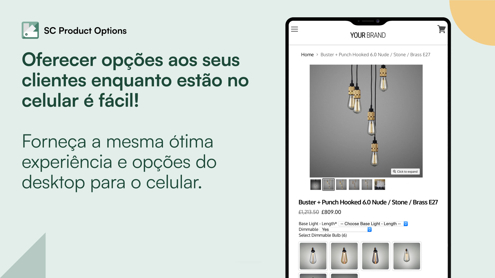 Visualização móvel Prisma Lighting de opções de produtos