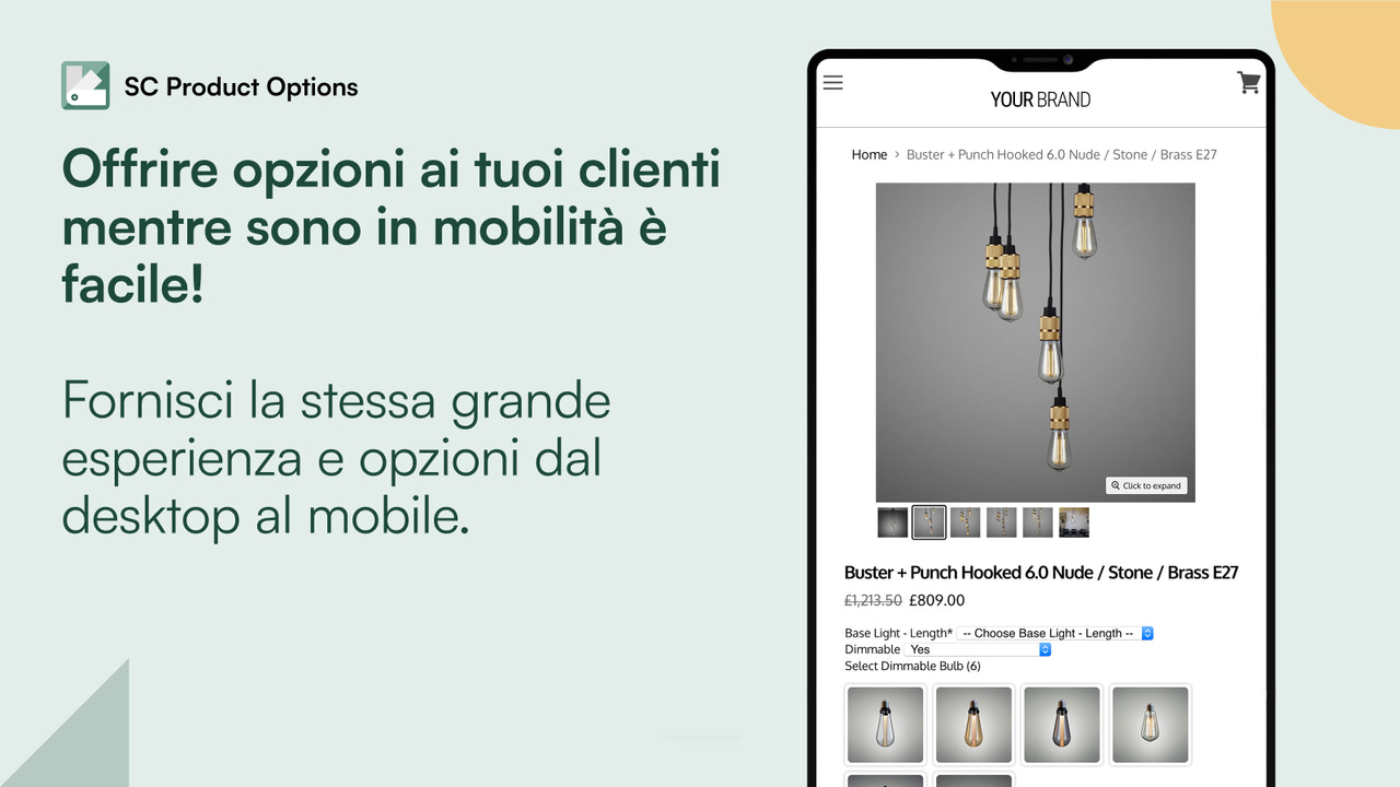 Vista mobile delle opzioni prodotto di Prisma lighting