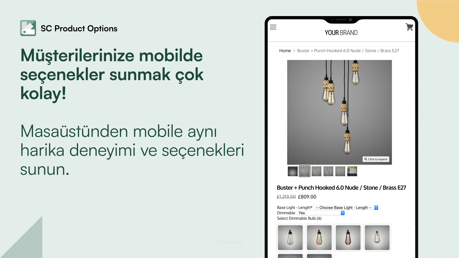 Ürün seçeneklerinin mobil görünümü Prisma aydınlatma