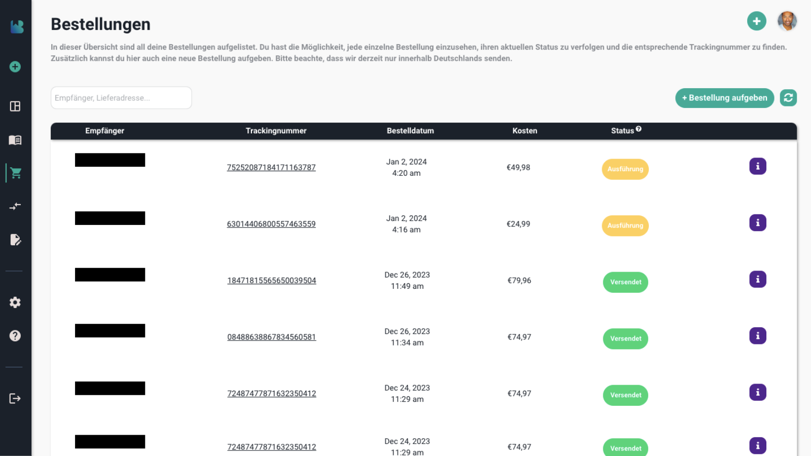 Order overview from Bookhub