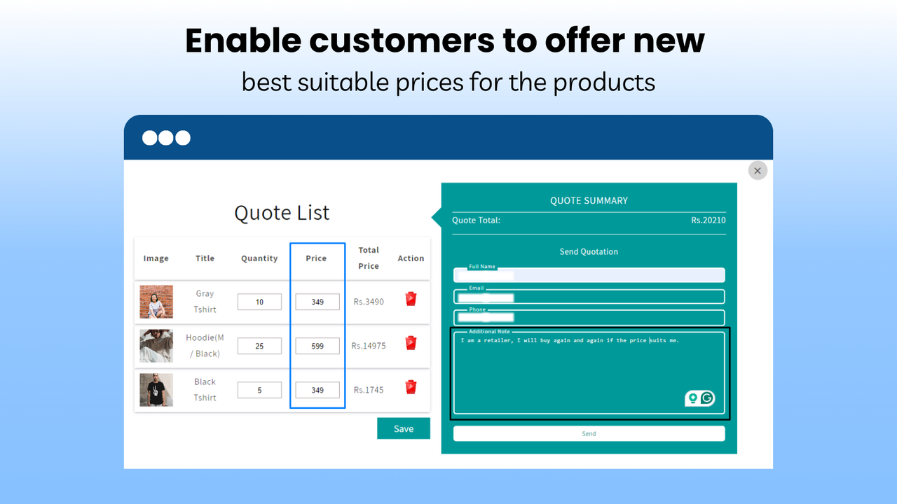 Enable customers to offer new prices for the products