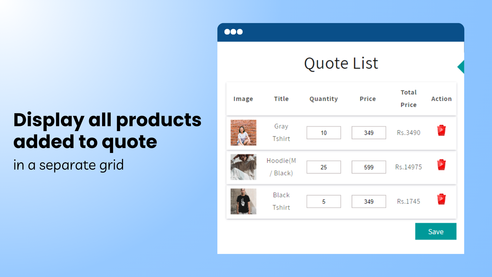 Display all products added to the quote in a separate grid