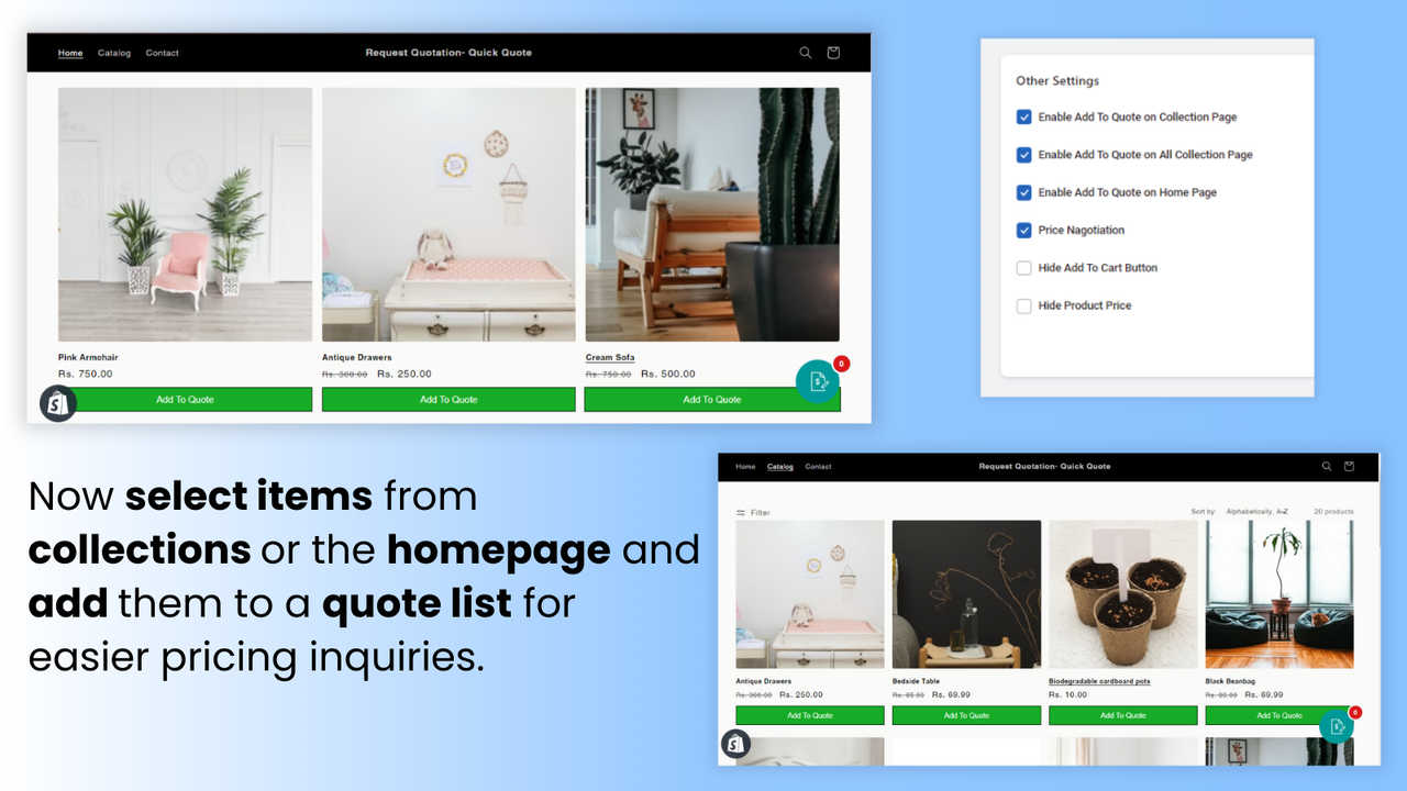Add items from collections or homepage to a quote list easily