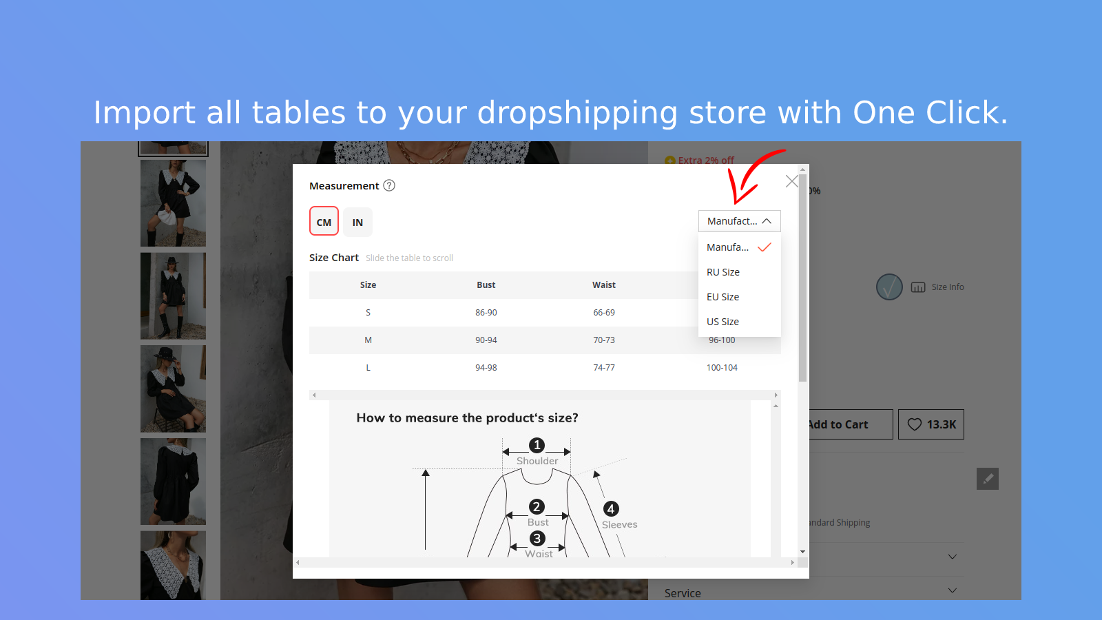 Importation de tableau des tailles Aliexpress Dropshipping en un clic.