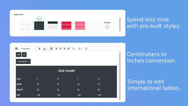 Custom size chart.