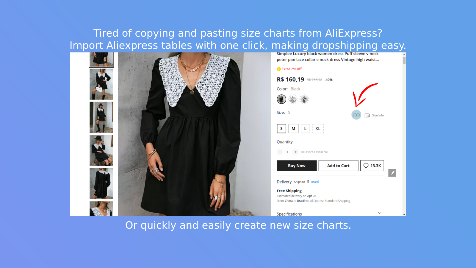 Size chart Aliexpress importer for dropshipping.