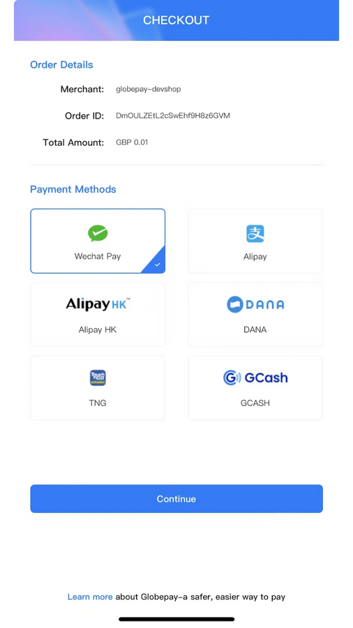 GlobePay Checkout page in mobile H5 version