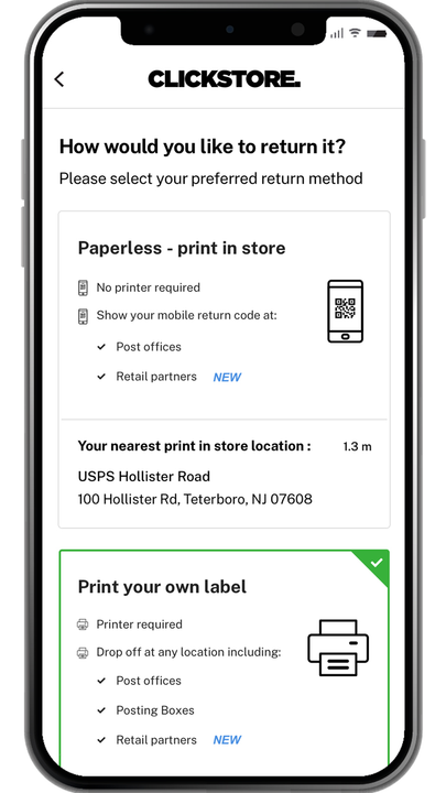 Kunden vælger papirløs returnering eller print etiket