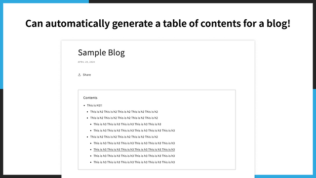 Can automatically generate a table of contents for a blog!