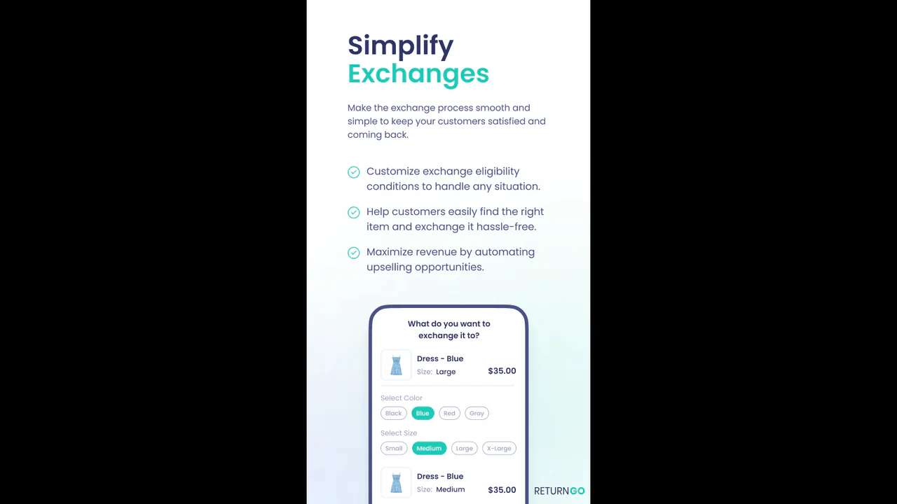 Variant exchange selected on a return and exchange portal