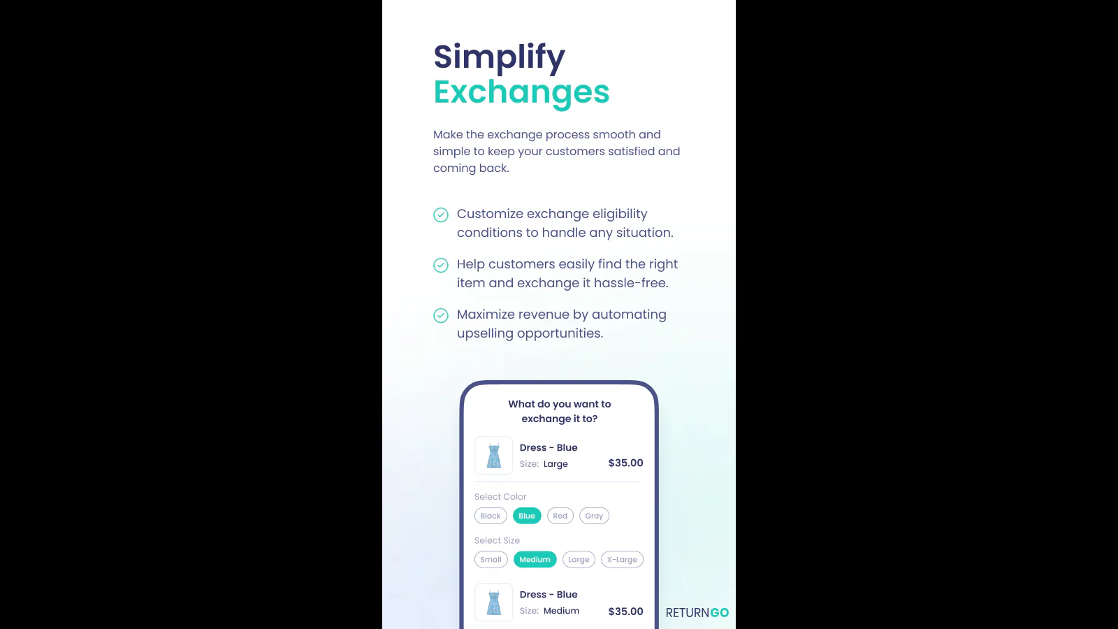 Variant exchange selected on a return and exchange portal