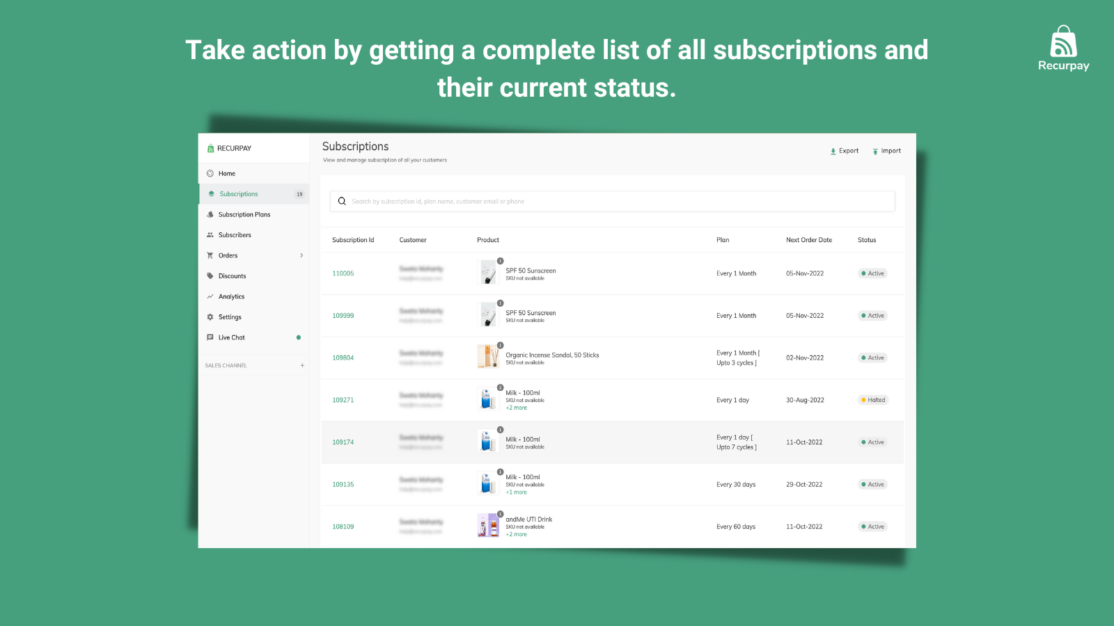 Subscriptions app: Recurpay subscription list page