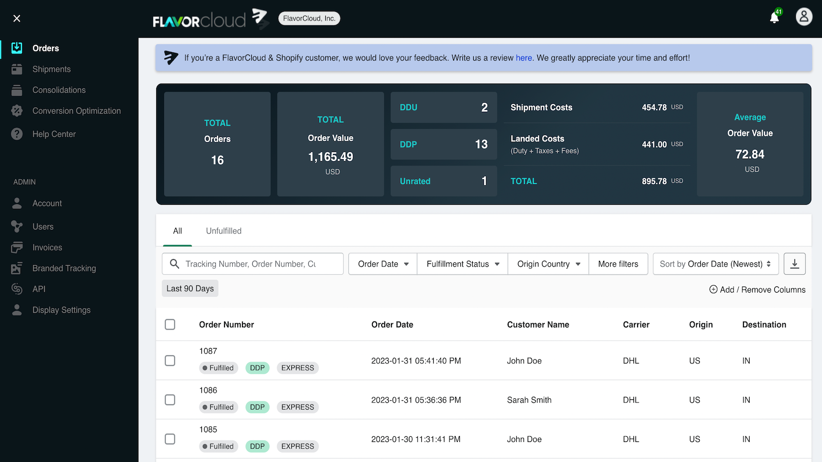 Dashboard Bestellingen