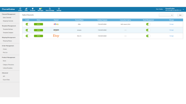 Page de gestion multicanal de ChannelGrabber