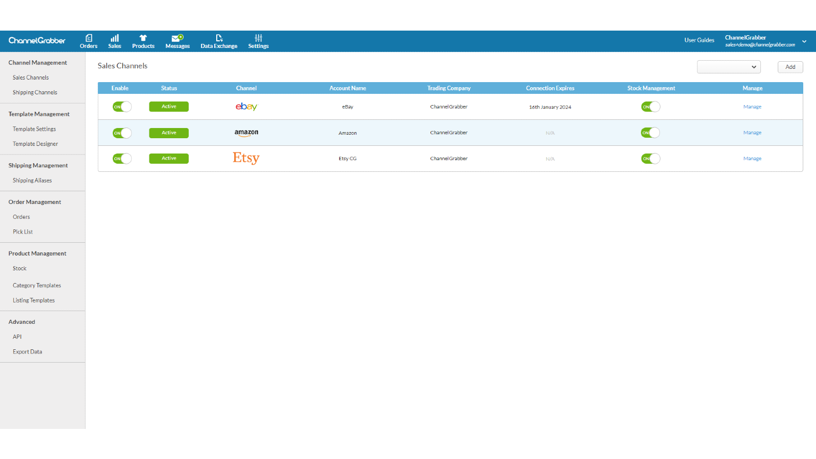 ChannelGrabber Multi-Channel Management Page