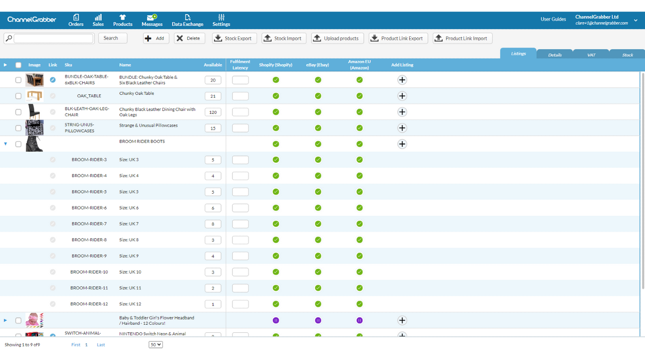 Page des listes de produits de ChannelGrabber