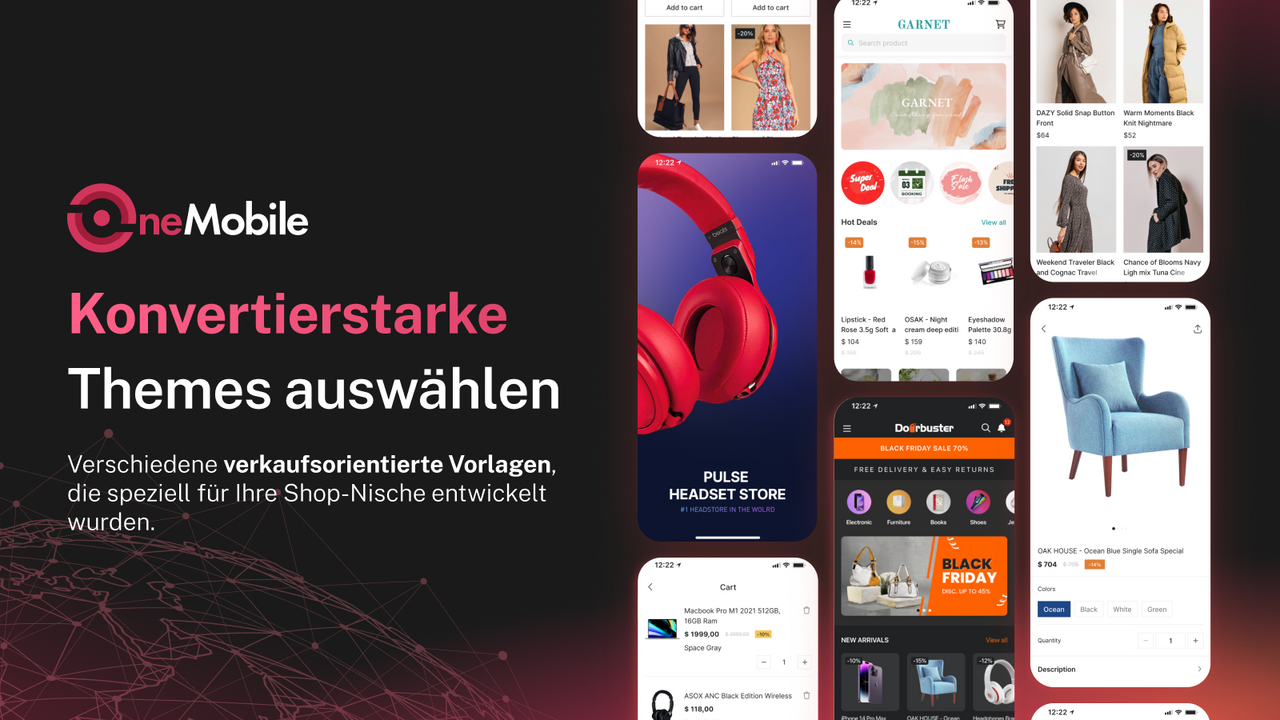 Mobile App-Themen für Mode-, Schönheits- und Einrichtungsgeschäf