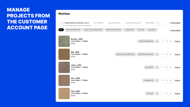 Wishlist project planner Shopify customer account page