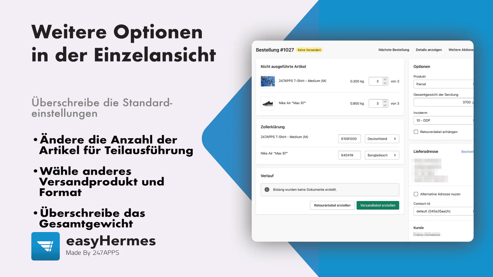 Shopify Hermes Versand  Einzelerstellung