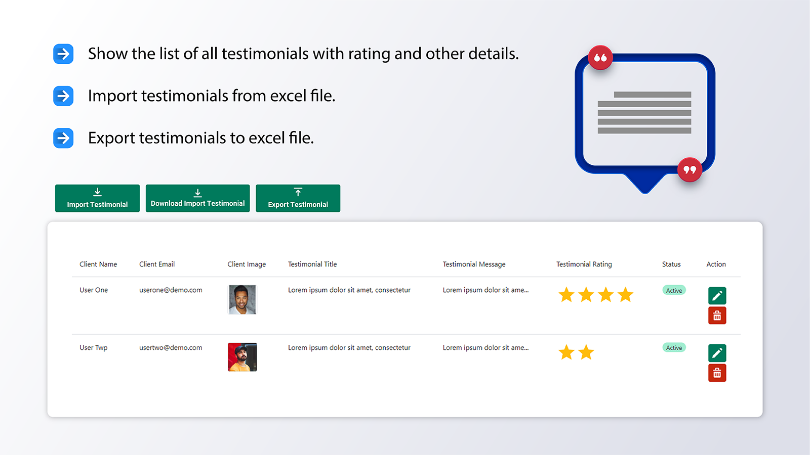 Verwalten Sie Testimonials mit Sternbewertung und Import und Export