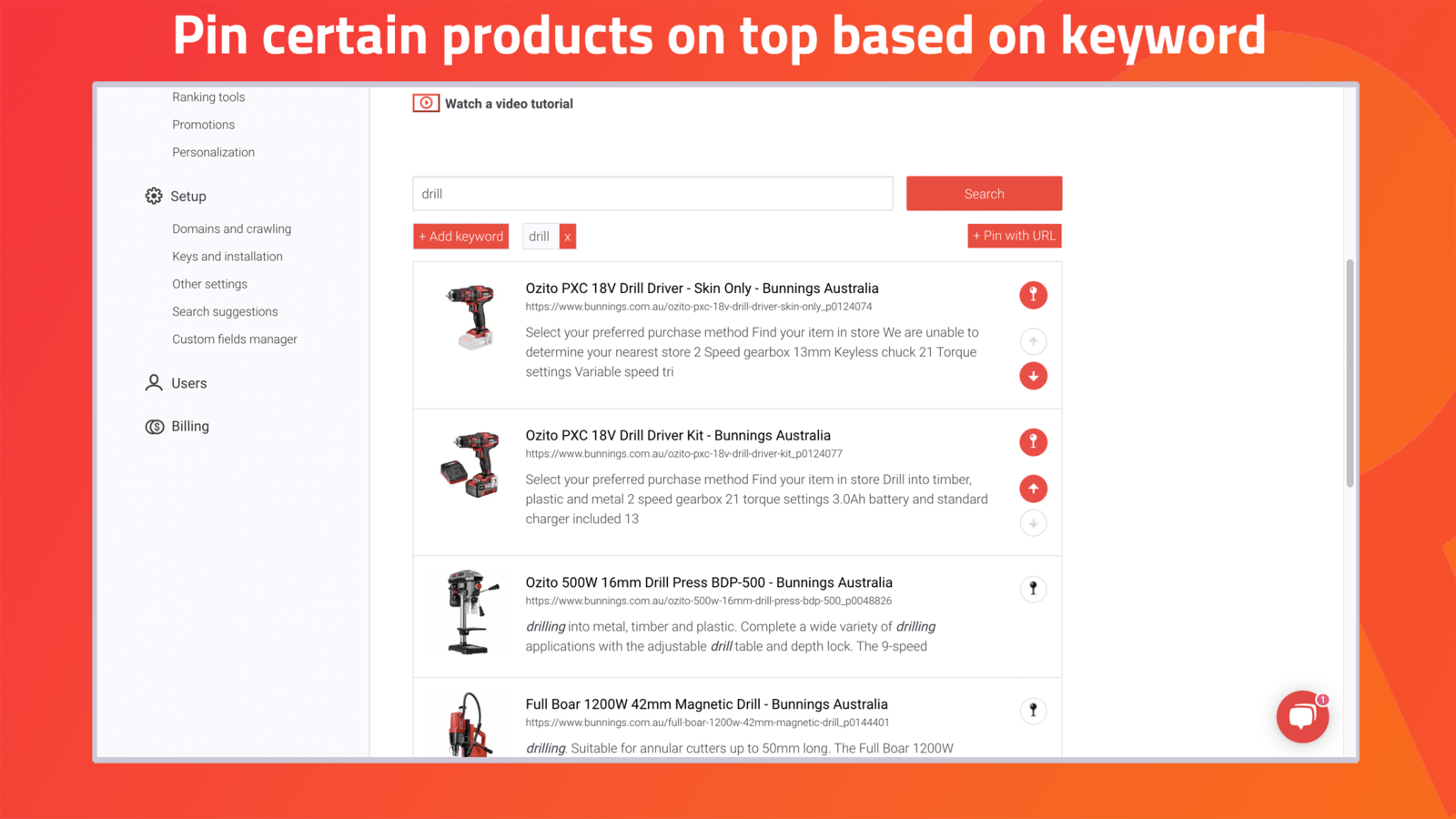 Fixe certos produtos no topo com base na palavra-chave