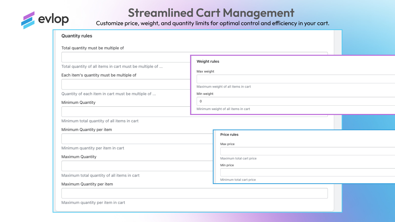 Personalize as regras do carrinho para preço, peso e quantidade.