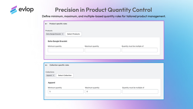 Defina min/max e quantidades de produtos baseadas em múltiplos.