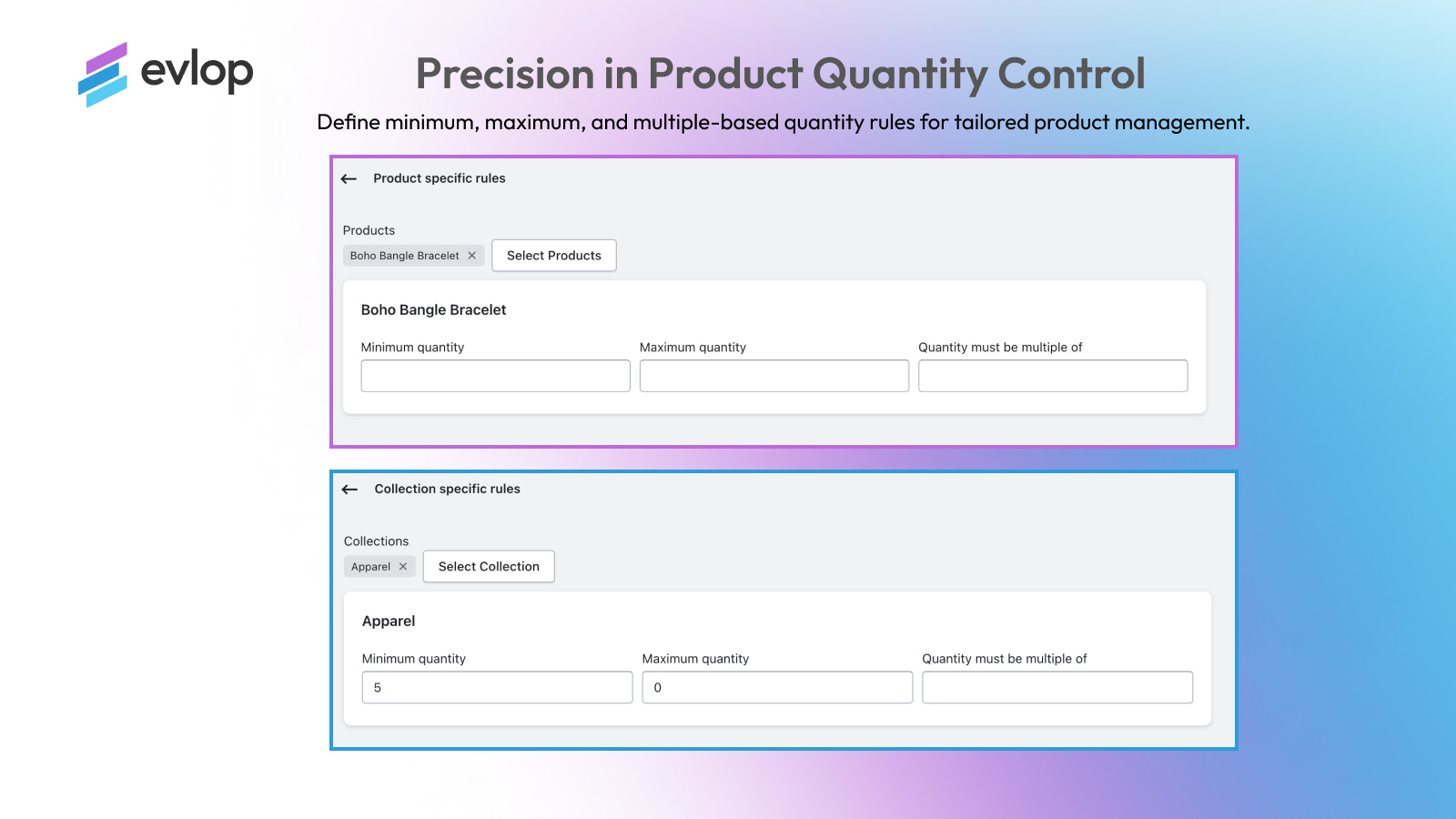 Defina min/max e quantidades de produtos baseadas em múltiplos.